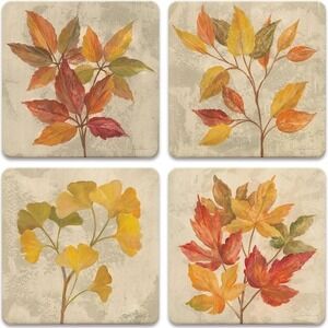 CoasterStone Stone Coasters Set of 4 Orange Yellow Fall Leaves NEW Maple Gingko